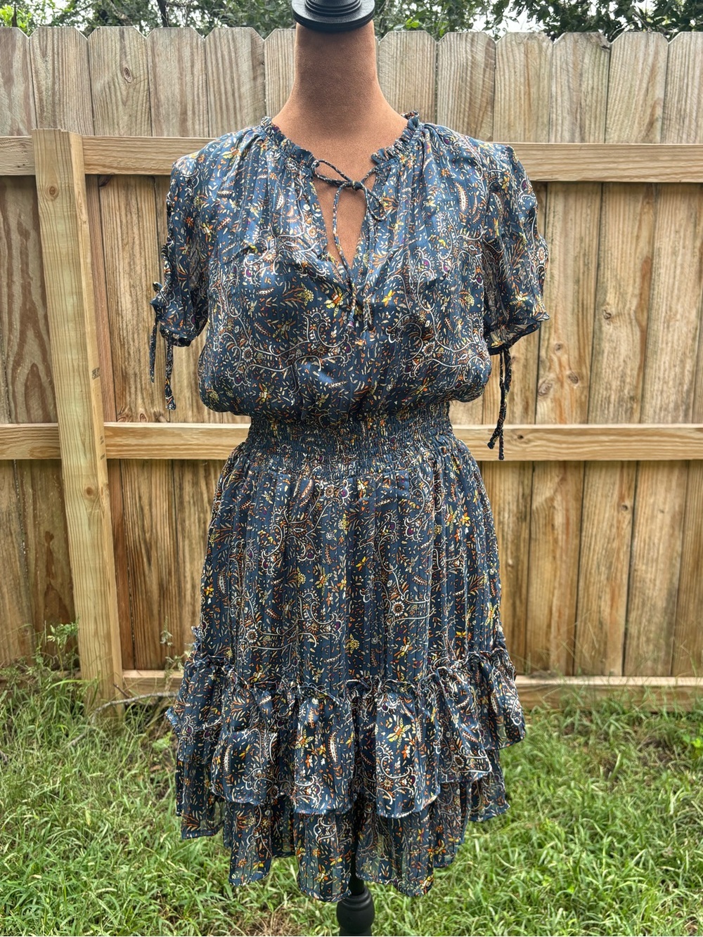 Dex Navy Multi-Print Smocked Waist Tiered Mini Dress